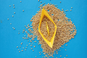 Wall Mural - grain wheat and spikelets on a blue background. Ukrainian grain and problems of blockade of ports