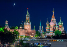Moscow Night Cityscape With Cathedral Of Vasily The Blessed (Saint Basil's Cathedral) And Spasskaya Tower Of Moscow Kremlin On Red Square, Russia