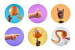 3d render, set of assorted round stickers with cartoon human hands and basketball ball, modern icons for social account design. Abstract sport circles isolated on white background