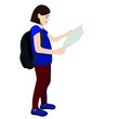 © Liudmyla - Portrait of a girl with a backpack and a map in her hands, vector on a white background, road trip