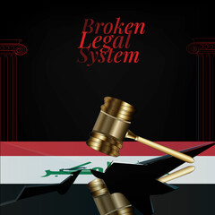 Iraq's broken legal system concept art.Flag of Iraq and a gavel.