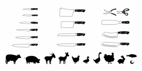 Wall Mural - Meat symbols and chef knifes outline set. Vector stock illustration isolated on white background for design packaging label, logo, menu in restaurant or butchery. 