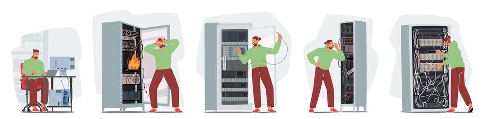 Set of Young Male Sysadmin Character Working on Computer, Doing Technical Work With Server Rack. Networks Maintenance