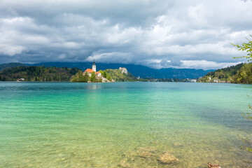 Wall Mural - Famous church at lake Bled, Slovenia, in early summer