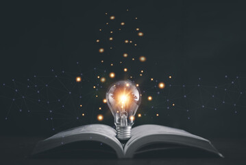 Wall Mural - Glowing light bulb on a book, Inspiring from read concept, Educational knowledge and business education ideas, Innovations, self-learning, knowledge and searching for new ideas. Thinking for new idea.