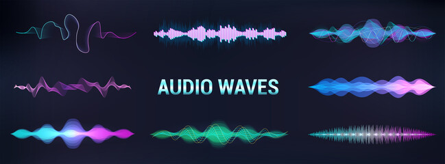 Aufkleber - Equalizer music visualisation, sound waves futuristic set. Frequency audio waveform, voice graph, music wave, signal in modern style. Sound recognition. Microphone Voice control. Vector equalizer set