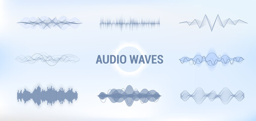 Aufkleber - Audio sound wave, Equalizer music visualisation, pulse musical technology in futuristic style. Horizontal Audio equalizer sound, frequency voice graphic. Vector set microphone voice control