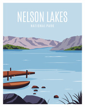 Nelson Lake National Park Landscape Background. Travel To New Zealand. Illustration With Minimalist Style For Poster, Postcard, Art Print.