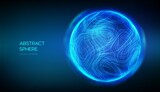 Abstract sphere on blue background. 3d blue energy ball. Ultra thin line fluid geometry. Dynamic distorted sphere. Wave motion particle trails. Futuristic sound or data waveform. Vector illustration.
