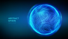 Abstract Sphere On Blue Background. 3d Blue Energy Ball. Ultra Thin Line Fluid Geometry. Dynamic Distorted Sphere. Wave Motion Particle Trails. Futuristic Sound Or Data Waveform. Vector Illustration.