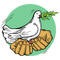 White dove of peace in our hands. Two palms care for peaceful world. Lives matter. Anti war symbol. Sign of love, hope, freedom. Hand drawn retro vintage illustration. Old style cartoon drawing.