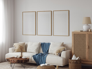 Frame & poster mockup in Boho style interior. 3d rendering, 3d illustration	