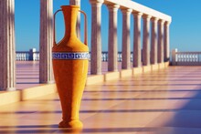 Greek Amphora On Column Background. 3D Illustration