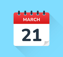 Wall Mural - March 21, twenty-one of the month. Vector flat design of daily calendar icon. Date and day of the year