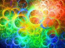 Creación De Arte Fantástico Digital Compuesto De Anillos Translúcidos En Colores Tipo Neón Solapados Entre Sí Formando Un Conjunto De Burbujas Emergentes En Una Laguna Extraterrestre.