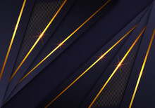 Abstract Shiny Gold Lines Diagonal Overlap Luxurious Dark Navy Purple Background With Copy Space For Text