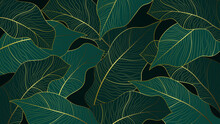 Abstract Line Art Golden Banana Leaves With Green Emerald Background