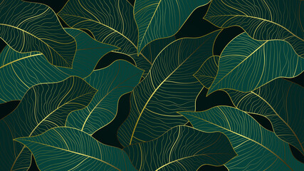 abstract line art golden banana leaves with green emerald background