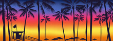 Sunset On The Beach Palm Trees  Lifeguard Tower Umbrellas Silhouettes  Summer Landscape Panorama Vector Illustration