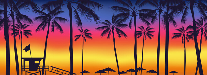 sunset on the beach palm trees  lifeguard tower umbrellas silhouettes  summer landscape panorama vector illustration