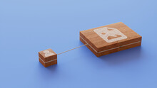 Image Technology Concept With Picture Symbol On A Wooden Block. User Network Connections Are Represented With White String. Blue Background. 3D Render.