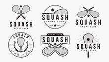 Set Of Badge Emblem Squash Club, Tournament, Squash Logo Design, Squash Racket And Ball Vector On White Background