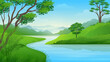 Summer river or lake with mountain landscape cartoon illustration