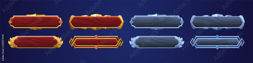 Wooden buttons with gold and silver frames for game ui design. Vector ...