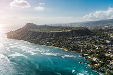 Aerial View Of Diamond Head Mountain , Volcanic Tuff Cone And City Buildings In Background, Honolulu, Oahu Island. Light Effect Applied
