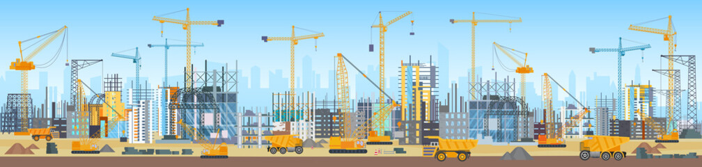 Wall Mural - Building process on city construction site with materials and equipment, cranes. Silhouettes of unfinished tall commercial office skyscrapers, towers for home apartments flat vector illustration