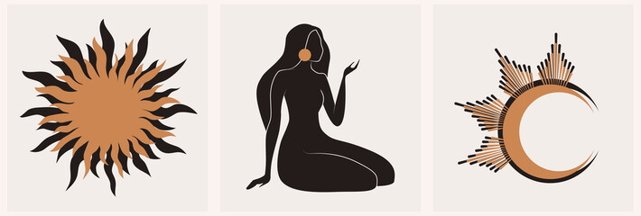 Wall Mural - Mystical female hands logo in minimal linear style. Vector logo design. Templates with various hand gestures, moon, stars and crystals. For cosmetics, beauty, tattoo, spa, manicure, jewelry store