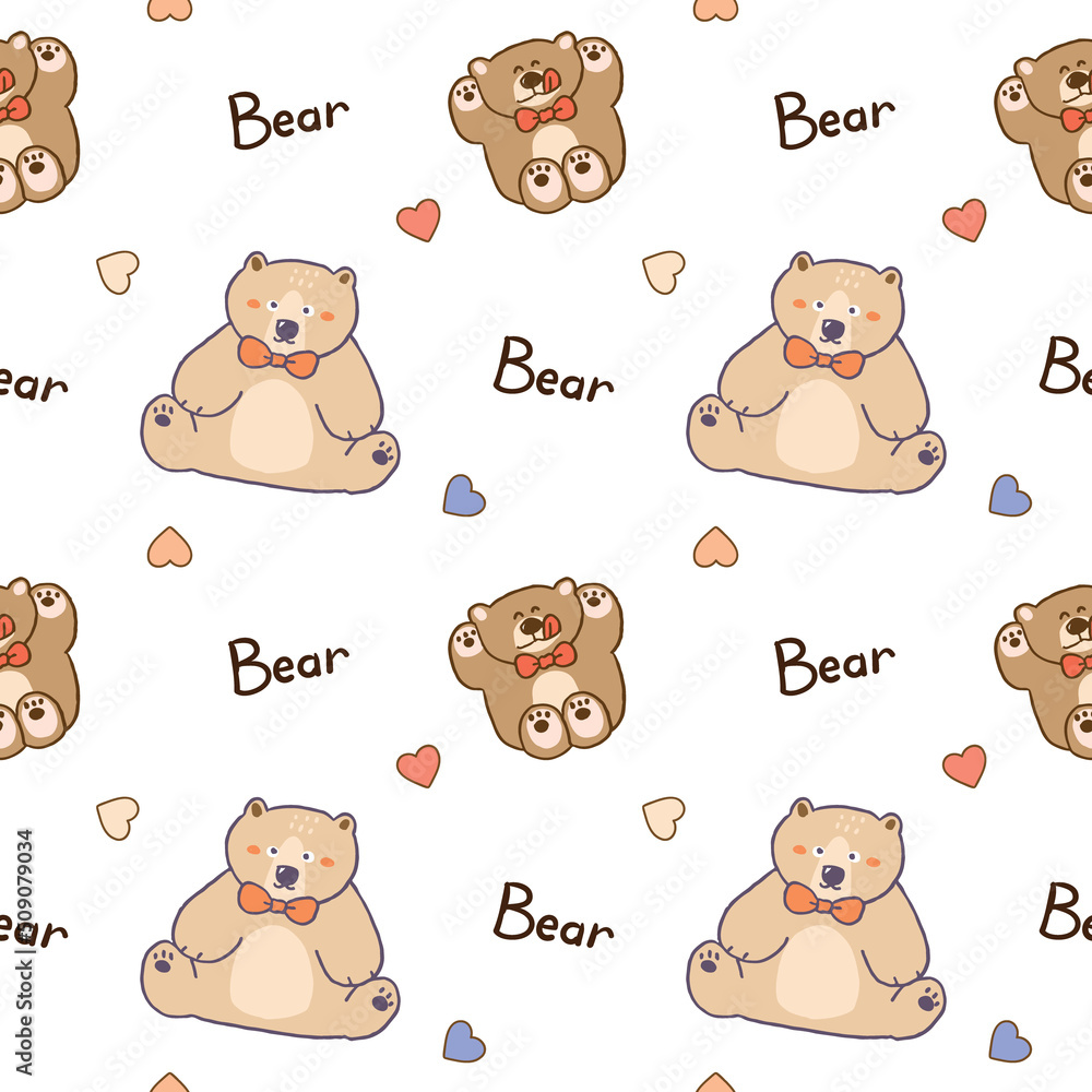 Seamless Pattern with Cute Teddy Bear and Heart Design on White ...