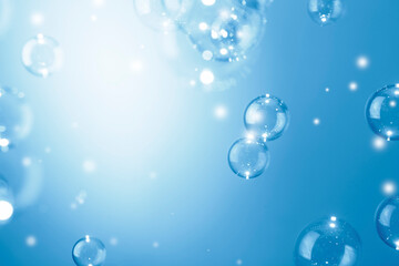 Wall Mural - Beautiful Shiny Transparent Blue Soap Bubbles Background. Soap Sud Bubbles Water.	