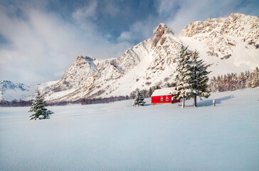 Fototapete - Impressive winter view of Vestvagoy island with typical norwegian wooden red house, Norway, Europe. Fabulous morning scene of Lofoten Islands . Life over polar circle.