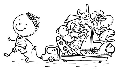 Leinwandbilder - Little cartoon boy with a lot of toys on truck, coloring page