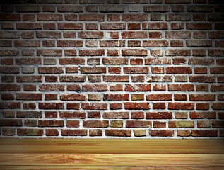 Wall Mural - Old wooden table and brick wall. Empty wooden table top with old brick wall background