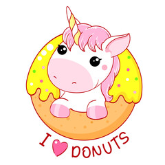 Canvas Print - Cute baby card in kawaii style. Lovely unicorn with donut. Inscription I love donuts. Can be used for t-shirt print, stickers, greeting card design. Vector illustration EPS8