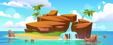 Island With Waterfall In Ocean, Rocky Isle With Beach, Palm Trees And Water Jets Falling From Rocks Into Sea Under Blue Cloudy Sky. Tropical Landscape, Cartoon Game Background, Vector Illustration