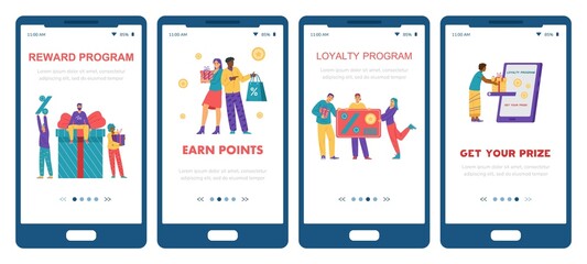 Earn Point clients loyalty program onboarding pages, flat vector illustration.