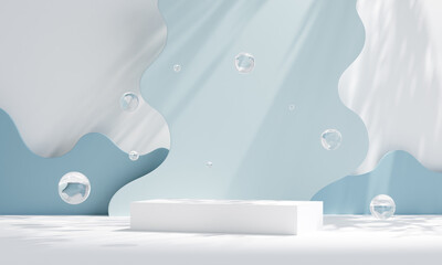 Wall Mural - Podium with bubbles floating in the air for product presentation. relaxation and health, 3d illustration