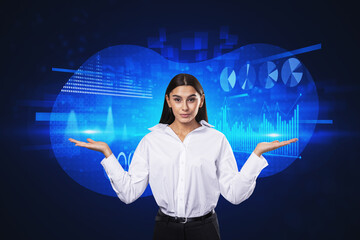 woman presenting abstract glowing digital business chart and graph metaverse hologram on blurry back