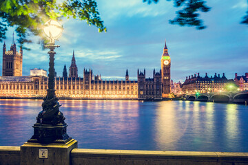 Wall Mural - Big Ben, Westminster Bridge on River Thames in London, England, UK at night