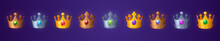 Medieval Royal Crowns For King, Queen, Prince Or Princess. Vector Cartoon Set Of Game Icons With Gold, Silver And Bronze Coronas With Gems And Diamond, Antique Jeweled Headdress