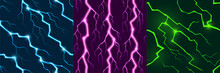 Game Textures With Electric Lightnings, Light Flashes Effect In Storm At Night. Vector Seamless Patterns With Green, Blue And Purple Thunderbolts, Electric Impacts With Glow