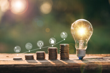 Poster - idea saving energy, Light bulb Energy saving and a coin money stack, saving Investment concept, Growing Money, Finance And Investment Concept.