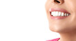 © New Africa - Closeup view of young woman with healthy teeth on white background, space for text. Banner design