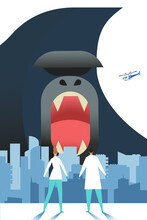 Doctors Preparing To Fight With Giant Gorilla Attacking A City. Monkeypox Concept. Fllat Vector Illustration.