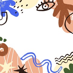 Fototapete - Abstract square card background framed with doodle shapes, trendy scribble elements. Modern fashion backdrop design with waves, creative lines, brush strokes, eyes pattern. Flat vector illustration