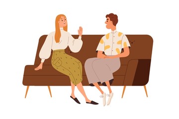 Wall Mural - Happy man and woman talking, sitting on sofa. Love couple chatting, flirting, relaxing on couch. People, colleagues communication, dialog. Flat graphic vector illustration isolated on white background