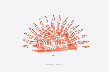 Poster - Red rising sun with face in engraving style. Hand-drawn old astrological symbol. Template for design postcard, logo, label. Vintage illustration.